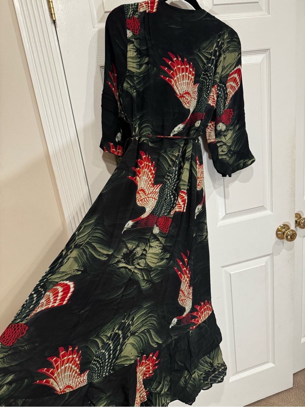 AllSaints Black Maxi Dress with Red and Cream Crane Print *LIKE NEW*